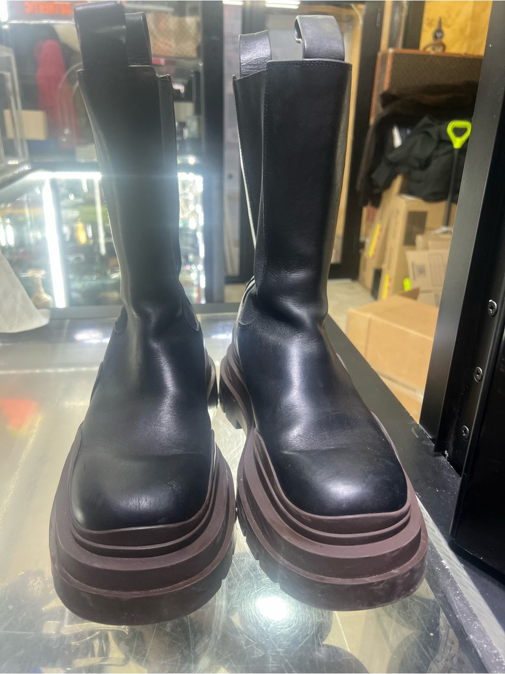 Bottega Veneta Black Leather Combat Boots with Brown Chunky Soles